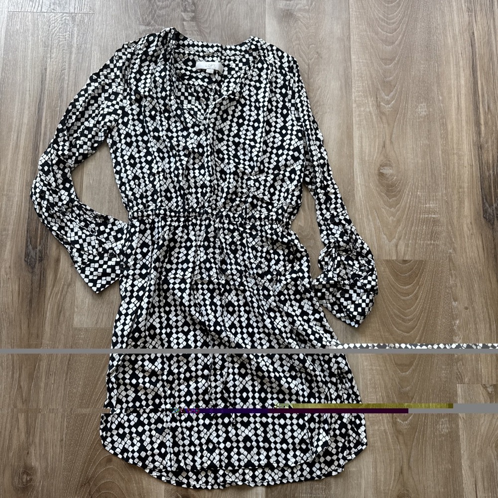 Ann Taylor Dress Size Xs Tie Waist Black And White Long Sleeve With Cuff